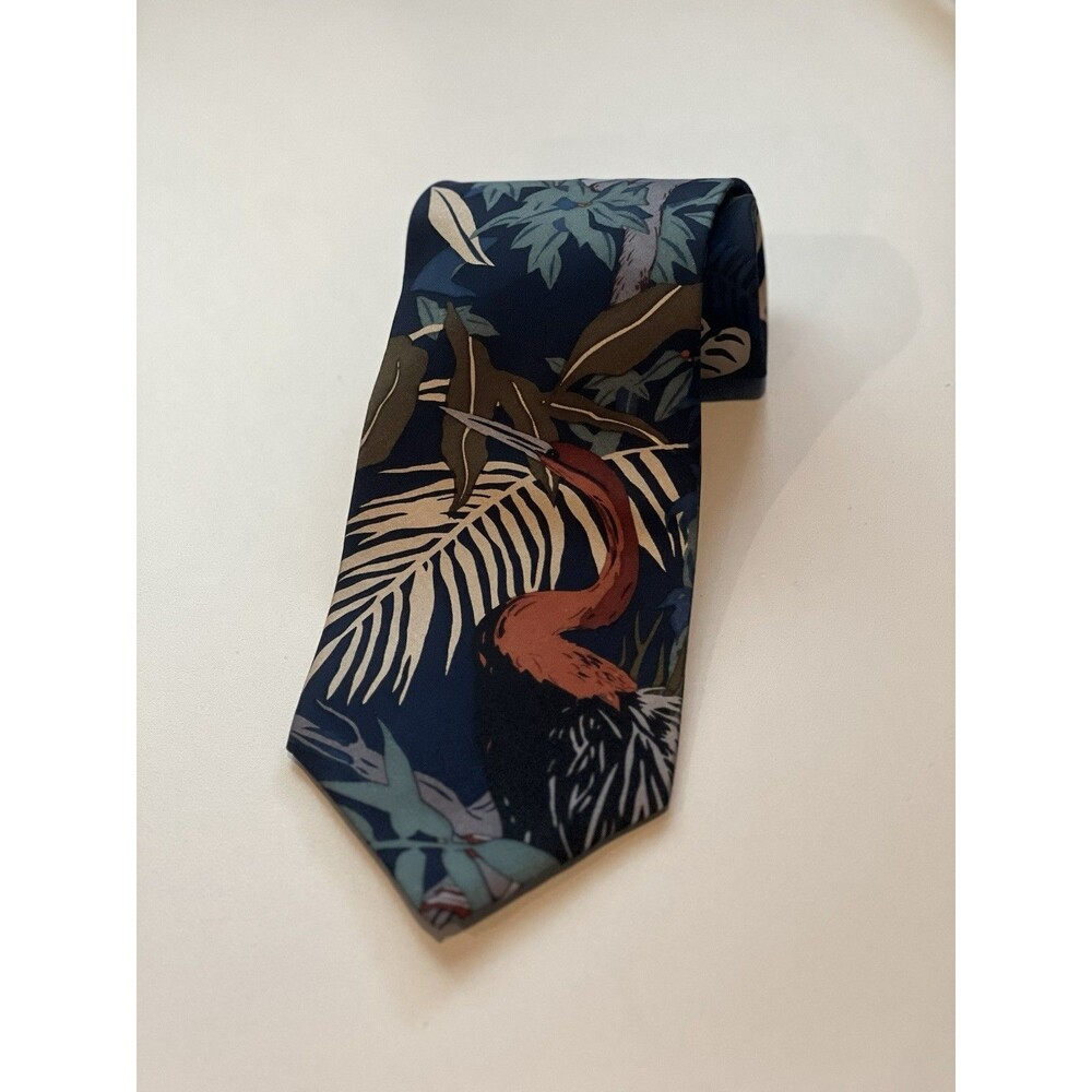 Vintage 1991 WWF Silk Tie Madagascar Lemur Heron Jungle Navy Blue Novelty